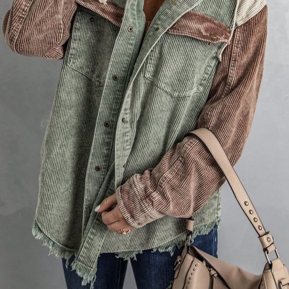 Green Casual Womens Pocket Drop Shoulder Raw Hem Drawstring Hooded Corduroy Coat - Picture 4 of 7